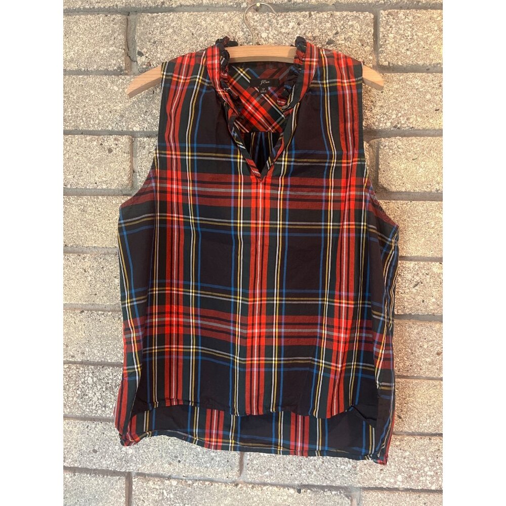 J.Crew Plaid Sleeveless Ruffle Neck Blouse In Vibrant Multicolor Tartan Pattern